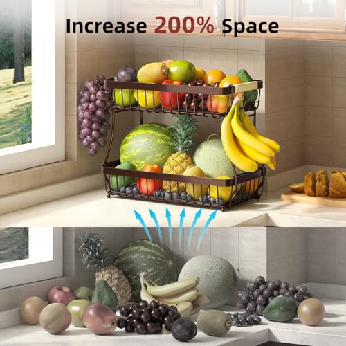 Sevenblue 2 Tier Large Fruit Basket for Kitchen Counter with 2 Mobile Banana Hangers, 2026 Pro Detachable Metal Fruit Bowl with Wooden Handle (Brown, 2 Tier) - color: Brown, size: 2 Tier Standard
