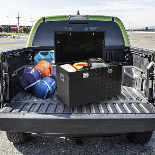 Black 44 Inch Truck Chest Tool box Heavy Duty Aluminum Stripes Plated Pick Up Truck Bed Box Waterproof RV Trailer Toolbox Storage with Side Handle and Lock Keys –44"x24"x24" - color: Black, size: 44"x24"x24"