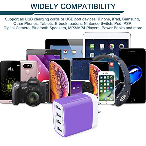 Wall Charger, USB Charger Adapter, 4.8A 4Multi Port Fast Charging Station Power Base Block Plug Cube Brick for iPhone, iPad, Samsung Galaxy, Moto, Google Pixel, Kindle Fire Plug Cargador Carro - color: Purple
