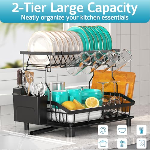 Dish Drying Rack - 2 Tier Large Capacity Dish Rack- Dish Racks for Kitchen Counter with Drainboard, Rustproof Dish Drainer with Removable Utensil Holder,Cutting Board Holder,Cup Holder, Black - color: 2 Tier-black