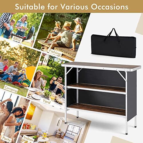 COSTWAY Folding Picnic Table, Portable Camping Table with Carry Bag, Lightweight Aluminum Food Prep Station with 2 Shelves, Quick Set-up, BBQ, Party, Backyard - color: Brown, size: 43.5"W x 34.5"H