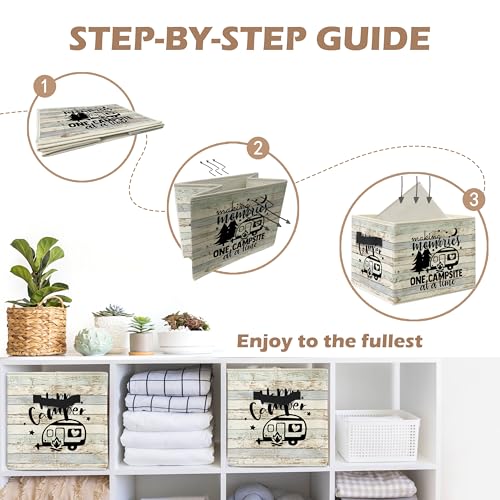 Rustic Camping Camper Storage Bin Box with Handles, Making Memories One Campsite at a Time Foldable Linen Fabric Laundry Basket for Home Bedroom Bathroom Clothes Toys Books - color: black