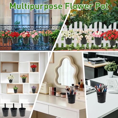 10 Pack Hanging Flower Pots Metal Iron Bucket Planter Railing Planter Flower Holder for Railing Fence Balcony Garden Home Decoration with Detachable Hooks,Black,4 Inches