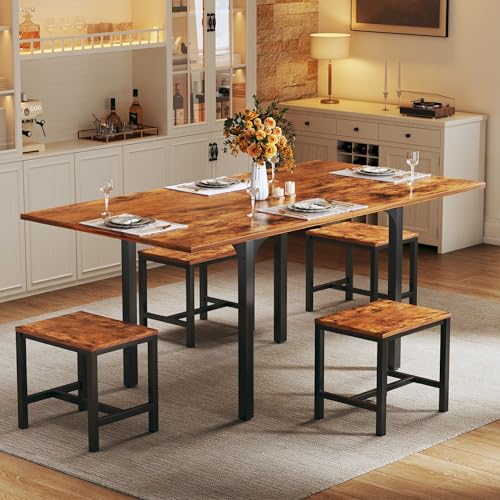 HUAHUU Dining Table Set for 4, Extendable Kitchen Table Chairs Set of 4, Rectangle Dining Table with Metal Frame & MDF Board, Folding for Small Apartment Saving Space, Rustic Brown - color: Rustic Brown