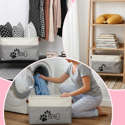 2-Pack Linen Toy Basket for Dogs, Foldable Dog Toy Storage Basket with Handles, Gray Organizer Bin for Pet Toys, Leashes, Blankets & Accessories (15x11x9 Inches)