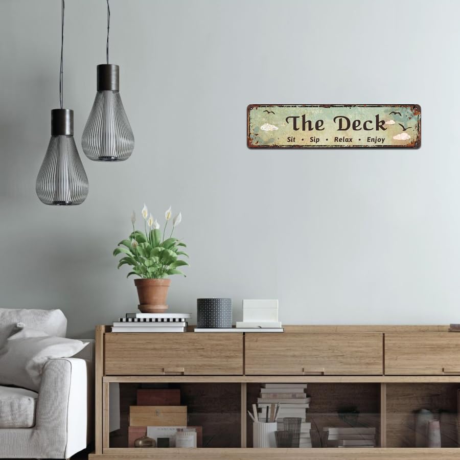 The Deck - Sit, Sip, Relax, Enjoy Metal Sign, Outdoor Living, Porch, Patio, Deck, Tin Signs 4 x 16 Inches - color: V-105