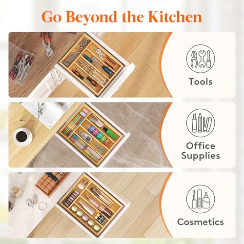 Lifewit Silverware Drawer Organizer, Utensil Tray for Kitchen, Flatware and Cutlery Holder, Storage for Spoons Forks Knives, 9.9 x 12.8", Natural - size: 9.9''W x 12.8''D