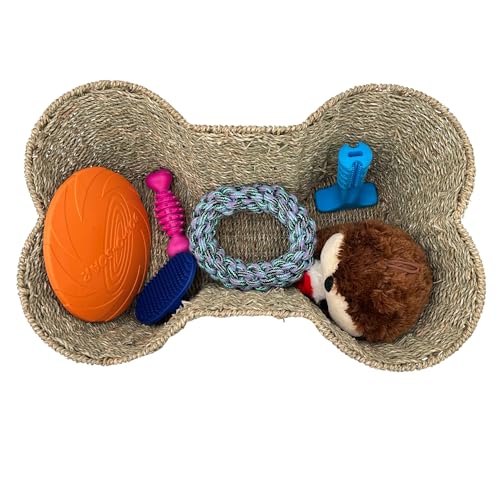 OtterPets Dog Toy Basket, Seagrass Bone Shaped Dog Toy Bin, Handmade Pet Organizer And Storage, Toy Box for Cats (Large (22x14)) - size: Large (22x14")