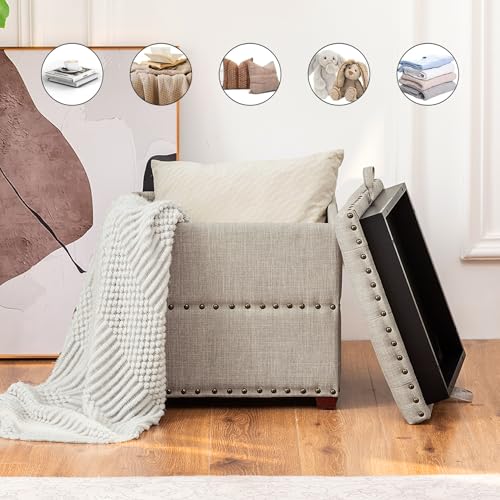 Adeco 18 Inch High Cube Ottoman Storage, Linen Beige Chair Foot Stools with Tray, Upholstered Vanity Stool with Solid Wood Legs - color: Beige With Nails