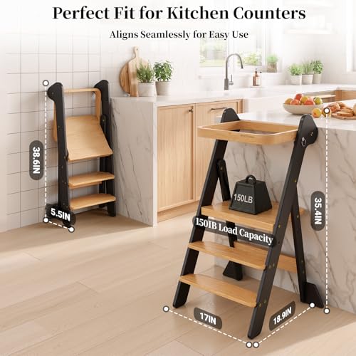 COSYLAND Foldi Foldable Toddler Kitchen Stool - Adjustable Height Toddler Standing Tower with Net & Safety Feet, IF Award-Winning Wooden Learning Step Tower for Kids 18M-6Y, Black & Natural - color: Black & Natural