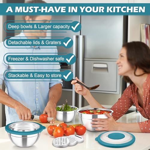 TeamFar Mixing Bowls, 3PCS Stainless Steel Serving Salad Bowls with Lids & 3 Graters, For Kitchen Mixing/Baking/Storing/Prepping, Visible & Airtight, Easy Clean - 4.5/3 / 1.5 QT, Dark Blue - color: Dark Blue, style: Transparent Airtight Lids