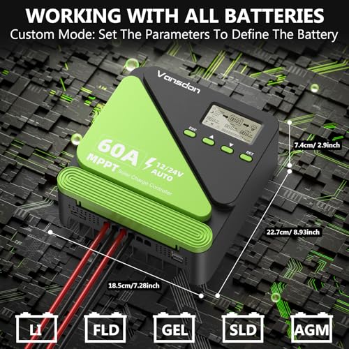 Vansdon 60A Solar Charge Controller 12V/24V MPPT Solar Charge Controller, Adjustable LCD with Timer, Dual USB Ports, for RV, Boat, Cabin, Off-Grid Systems, Compatible with FLD/LiFePO4/SLD/GEL/AGM - color: Pale Green-60