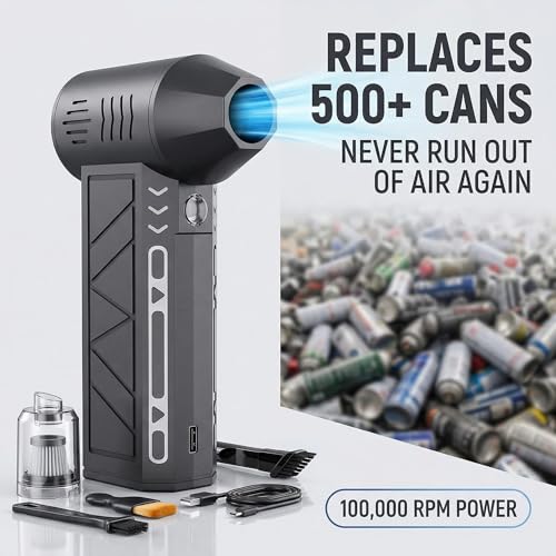 Electric Air Duster Vacuum 2-in-1, Canned Air Alternative Rechargeable Blower with 100,000 RPM, Mini Vacuum for Keyboard, PC, Car Interior, Home Cleaning(Black) - color: Black