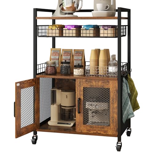 Hencawima Coffee Bar Cabinet, 3 Tier Coffee Station Table on Wheels, 35.9" H Bar Cart with Wire Basket Drawer & 5 Hooks for Home Kitchen, Liquor Buffet Sideboard Cabinet (Rustic Brown) - size: X-Large