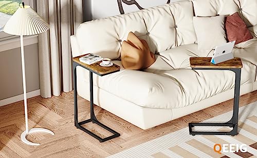 QEEIG Narrow C Shaped Side Table Set of 2 Living Room Sets Slim Couch Tray Tables Skinny Thin Small Farmhouse 7 inch Width, Rustic Brown (017-18BN) - color: A. Brown, size: 7.1" Width