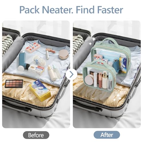 PACKISM TSA Approved Toiletry Bag Combo Pack, 1 Clear Makeup Bag Medium & Large for Checked Luggage, Clear Travel Bag with Handle, Water-resistant Travel Essentials Organizer, Laurel Green