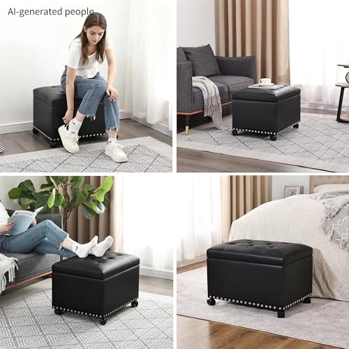 Leather Storage Ottoman,24’’Foot Rest Ottomans with Wheels and Hinged Lid Rectangle Upholstered Foot Stools Nailhead Trim for Living Room Bedroom,Black - color: Black With Wheels