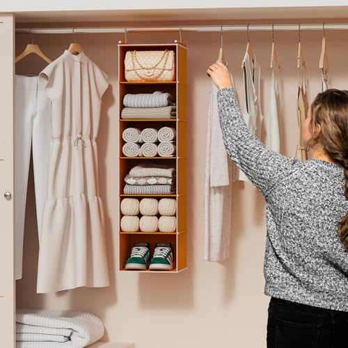 MAX Houser 6-Shelf Hanging Closet Organizer, Hanging Storage Shelves with 2 Sturdy Hooks Space-Saving for Bedroom, Foldable (Yellow) - color: Yellow