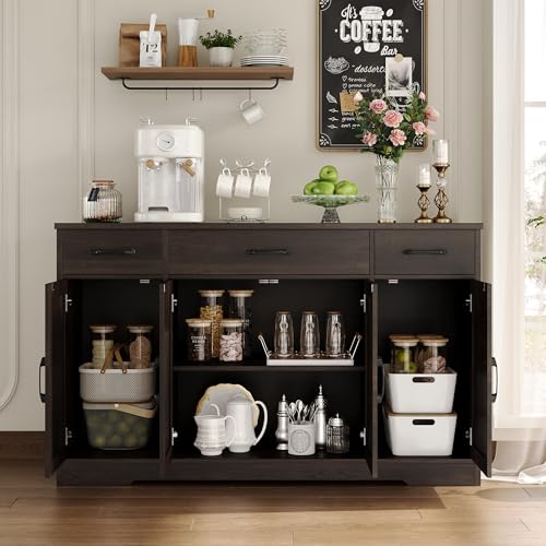 HOSTACK Buffet Cabinet with Drawers, 55" Large Sideboard Buffet Storage Cabinet with Shelves and Doors, Modern Farmhouse Coffee Bar Station Wood Kitchen Table for Kitchen, Dining Room, Dark Brown - color: Dark Brown