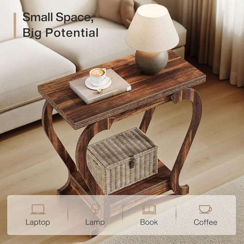 Tribesigns Narrow End Table with Storage, 2-Tier Wooden Side Table for Small Spaces, Slim Nightstand Bedside Table for Living Room & Bedroom, Rustic Brown, 23.6 Inch (1, Rustic Brown) - color: Rustic Brown
