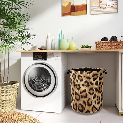 Brown Leopard Laundry Basket,Foldable with Handles Tote Bag Oxford Cloth for Bathroom Bedroom Dirty Clothes Storage Bucket 16" x 20.8" - color: Brown Leopard