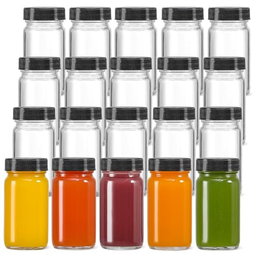 20 PACK 2 oz Glass Shot Bottles w/ Black Lids & 20 Labels - Small Clear Jar for Ginger, Wellness Shot, Juice, Sample, Whiskey - Travel Essentials Mini Bottles - Wide Mouth, Leakproof, Dishwasher Safe - color: Black Lid, size: 20 Pack