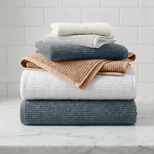 Great Bay Home Turkish Cotton 6 Piece Towel Set - Absorbent, Quick-Drying, Ribbed Bath Towels for Bathroom - Zero-Twist Fibers (White) - color: White