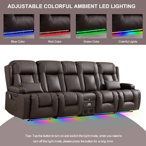 TUNYI Power Loveseat Recliner Sofa with Massage & Heat Home Theater Seating with Console RV Recliner Loveseat Sofa with USB/Storage/Side Pocket/LED Light/Speaker (Brown) - color: Brown, size: 4 Seat with console