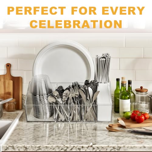 Acrylic Paper Plate Organizer and Dispenser – Extra Capacity Plate and Utensil Caddy for Plates, Cups, Napkins and Cutlery, Ideal for Kitchen, Parties, Picnics, Weddings, and Outdoor Events - size: Extra Capacity(13 x 8.66 Inch)