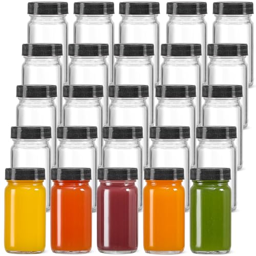 25 Pack 2 oz Glass Shot Bottles w/ Black Lids & 25 Labels - Small Clear Jar for Ginger, Wellness Shot, Juice, Sample, Whiskey - Travel Essentials Mini Bottles - Wide Mouth, Leakproof, Dishwasher Safe - color: Black Lid, size: 25 Pack