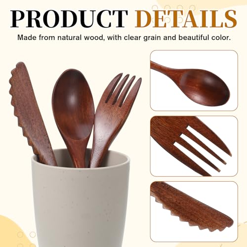 3 PCS Wooden Spoons for Eating Travel Wooden Utensil Set Reusable Utensils Set Portable Cutlery Wooden-Fork and Spoon with Bag for Travel Camping