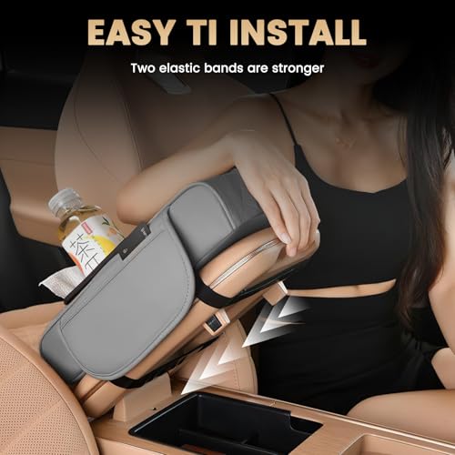 LEIWOOR 5 in 1 Car Center Console Cover, Armrest Pad with 2 Storage Pockets, Cup Holder, Tissue Slot, Phone Holder, Wear Resistant Premium Nappa Leather Memory Foam Car Accessories for SUV Sedan Truck