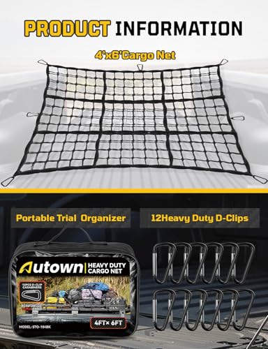 AUTOWN Cargo Net for Pickup Truck Bed - Stretchable 4' x 6' to 8' x 12' with 4" x 4" Mesh, Heavy Duty 10mm Cord Bungee Bed Netting with 12 Metal Carabiners - Ideal for ATV, SUV, UTV and Truck - size: 4' x 6'