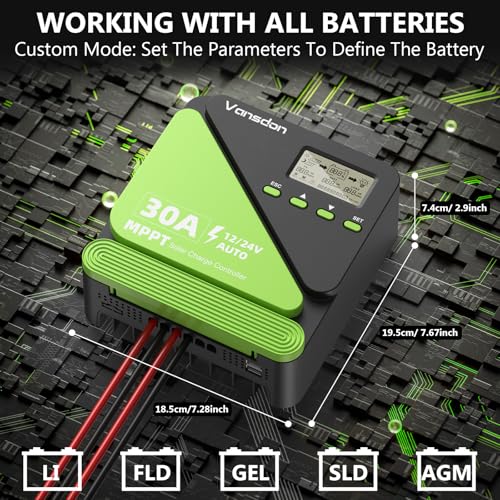 Vansdon 30A Solar Charge Controller 12V/24V MPPT Solar Charge Controller, Adjustable LCD with Timer, Dual USB Ports, for RV, Boat, Cabin, Off-Grid Systems, Compatible with FLD/LiFePO4/SLD/GEL/AGM - color: Medium Green-30