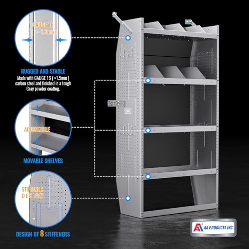 AA Products SH-6003 Steel Mid/High Roof Van Shelving Storage System Fits Transit, NV, Promaster and Sprinter, Van Shelving Units, 32''W x 60''H x 13''D