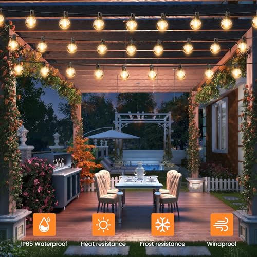 OHLUX 30FT Solar String Lights Outdoor, Waterproof Solar Patio Lights with Remote, 17 Shatterproof LED Filament G40 Globe Bulbs, 2200K Soft White, Dimmable Outside Hanging Light for Backyard Deck - size: 35FT