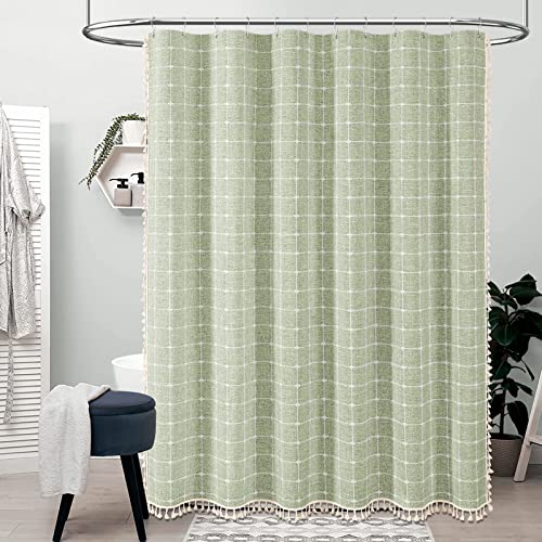 BTTN Extra Long Shower Curtain, 72x84 Inch Long Boho Chic Tassel Linen Fabric Shower Curtain Set with Hooks, Tall Modern Farmhouse Elegant Weighted Thick Cloth Shower Curtains for Bathroom, Sage Green - color: A - Sage Green, size: 72"W x 84"L (Pack of 1)