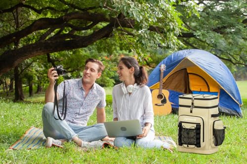 Insulated Cooler Backpack, 35L Leakproof Backpack with Double Compartments for Men & Women, Large Lunch Cooler for Camping, Beach, Travel, Picnic, Up to 48 Cans - color: Beige