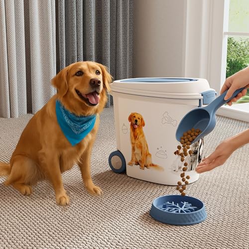 Pet Food Storage Container with Wheels Resin Capacity Dog Food Container with Slow Feeder Bowl and Scoop Easy to Move to Keep Food Fresh for Dogs, Cats, Birds(Blue&white,Quantity 1) - color: Blue&white