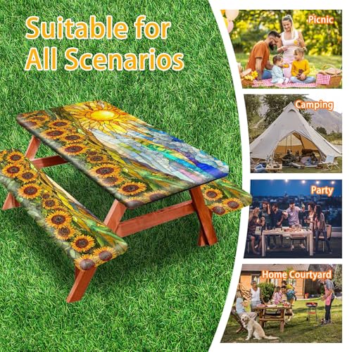 Picnic Table Cover with Bench Covers 72IN 6FT, Camping Essentials Tablecloth Waterproof Oilproof with elastic Edge for Indoor Outdoor Patio (Sunflower Sun) - color: Sunflower Sun