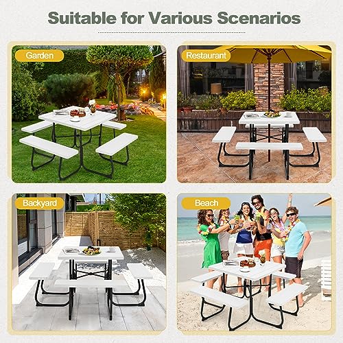 Tangkula 8 Person Picnic Table, Outdoor Square Picnic Table with 4 Built-in Benches, Umbrella Hole, Metal Frame & HDPE Tabletop, Outside Table and Bench Set for Backyard, 2300lbs Weight Capacity - color: White