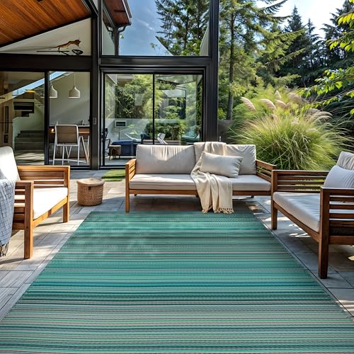 Rugshop Contemporary Stripe Reversible Crease-Free Waterproof Premium Recycled Plastic Outdoor Rugs for Patio,Backyard,RV,Deck,Picnic,Trailer,Beach,Camping Blue 7'10" x 10' - size: 7'10" x 10' (Rectangular)