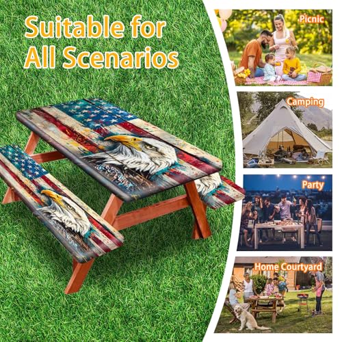 Picnic Table Cover with Bench Covers Camping Essentials Waterproof Windproof Camping Tablecloth with Elastic, Fits Table 30"x 72" Rectangle and Seats, Wood Grain American Flag - color: Wood Grain American Flag