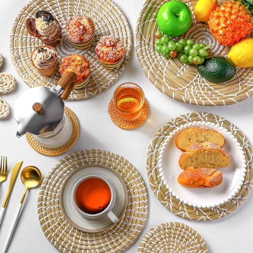 11 Pcs Boho Hanging Wall Basket Decor Handmade Woven Basket Wall Decorative Boho Wicker Baskets Placemats Round Farmhouse Bulrush Art for Rustic Home Decorations Christmas Gift(Fresh) - style: Fresh