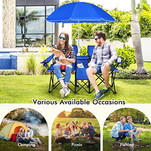 Goplus Double Camping Chair with Umbrella, Folding Loveseat Chairs w/Canopy Shade, Carrying Bag, Table, Cup Holder, Portable Beach Chairs Outdoor Picnic Patio (Blue) - color: Blue