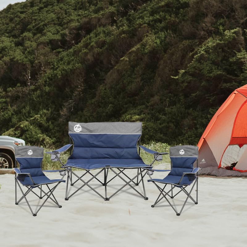 Northroad Outdoor Camping Chair Set of 3,Folding Padded Camp Chair,Collapsible Conversation Set w/1 Sofa,2 Single Chairs for Family Patio,Beach (Blue) - color: Blue, style: no table