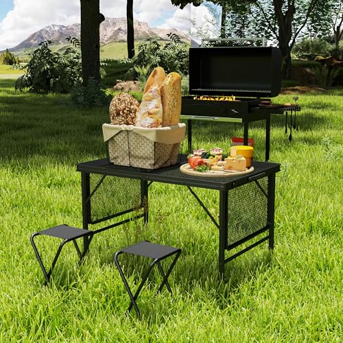 Outsunny Folding Grill Table, 4.5 ft Portable Camping Table with 2 Wing Panels, Height Adjustable Metal Outdoor Table with Mesh Desktop for Picnic, Beach, BBQ, Party, Black