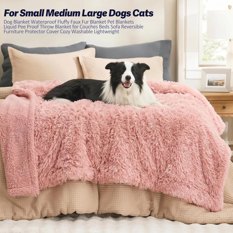 Pink Waterproof Calming Dog Blanket Reversible Faux Fur Sherpa Blankets for Couch Covers Fuzzy Pet Bed Cover Sofa Furnitures Protective(Pink,L-65x57in) - color: Pink, size: L-65x57in