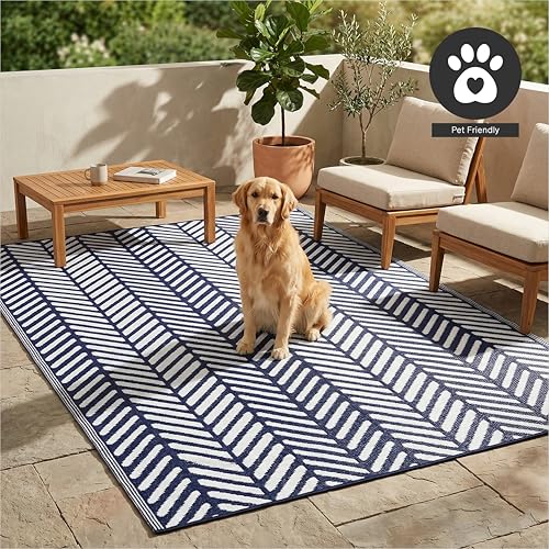 FH Home Outdoor Rug - Waterproof, Fade Resistant, Reversible - Premium Recycled Plastic - Herringbone - Large Patio, Deck, Sunroom, Camping, RV - Fresno - Navy Crease Free - 6 x 9 ft - color: Fresno - Navy, size: 6' x 9' (Rectangular)