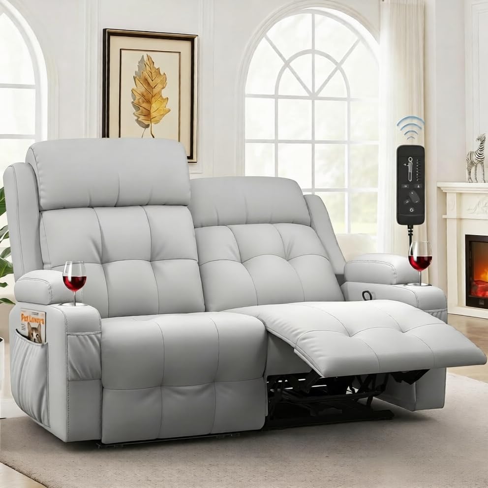 Reclining Loveseat, 55.1" RV PU Leather Wall Hugger Recliner Love Seats Sofa with Charging Station, Removable Armrest, Cup Holder, Double Recliners Couch, Manual Love Seat for Living Room - color: Light Gray, size: Hera - Loveseat